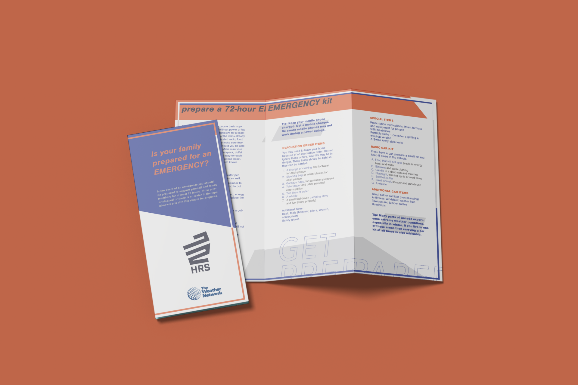 A brochure with dynamic shapes of complementary colour that emphasize the title text.